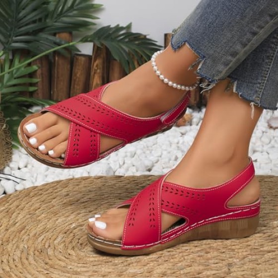 Women's Perforated Leather Sandals | Leaf Cut-Out Design & Adjustable Velcro Strap | Cushioned Wedge Heel Summer Casual Sandals Shoes