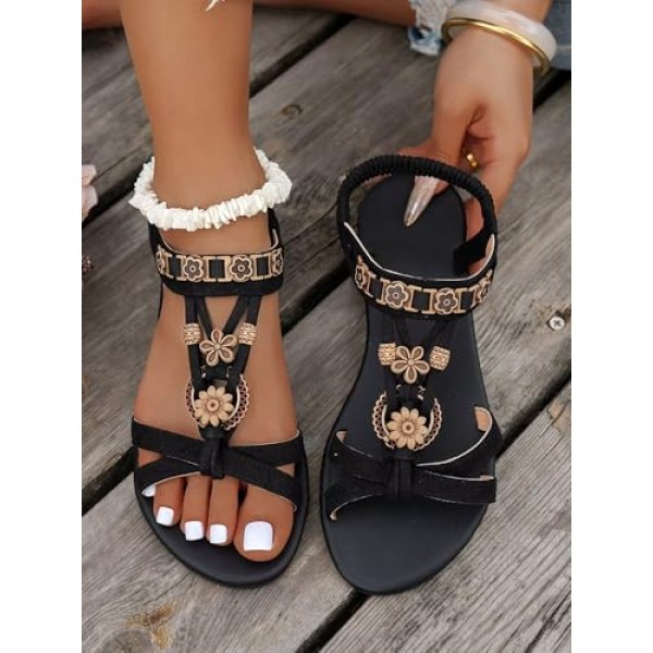 Boho Women's Flat Sandals - Comfortable Beach Flip Flops with Ethnic Embroidery, Non-Slip Sole Casual Summer Sandals for Seaside & Vacation