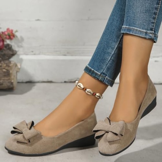 Women's Bowknot Dress Flats Ballet Low Wedge Round Toe Slip-Ons Comfortable Casual Flats Shoes Dressy Office Work Shoes
