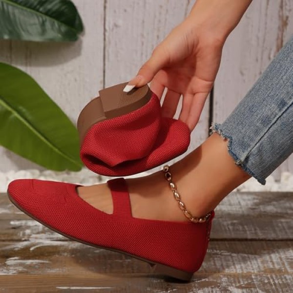 Women's Mary Jane Flats Shoes Square Toe Casual Ballet Flats Comfortable Knit Dress Shoes for Women Work Office