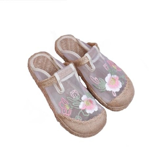 Women's Chinese Mesh Slipper Floral Sandals, Cute Embroidery Mesh Shoes for Summer with Braided Insoles