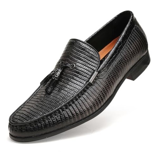 Mens Genuine Dress Shoes, Premium Crocodile Print Leather Slip-on Casual Shoes Penny Loafers for Mens, Black