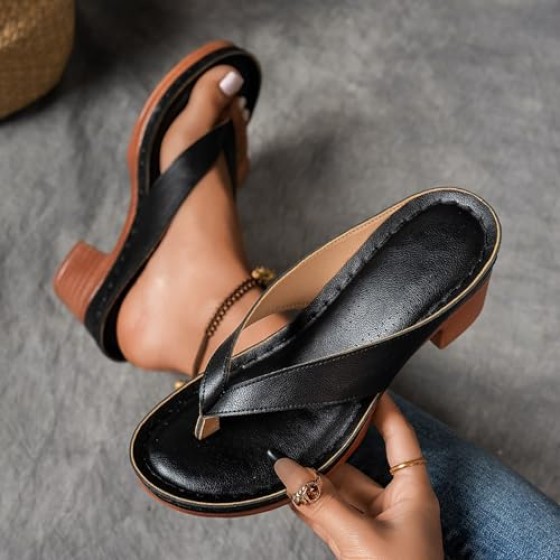 Chunky Heel Sandals for Women Summer Dressy 2025 Arch Support Comfortable Orthopedic Slip-On Open Toe Heeled Flip Flops Bridal Party Wedding Shoes Casual Wedge Thong Sandals (1-Black, 8.5)