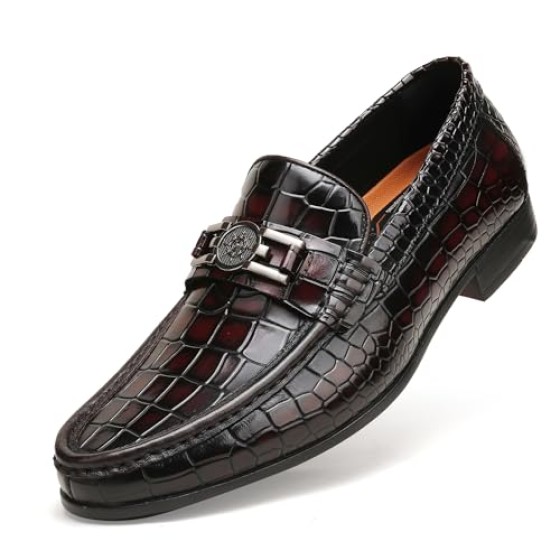 Mens Genuine Dress Shoes, Premium Crocodile Print Leather Slip-on Casual Shoes Penny Loafers for Mens, Black