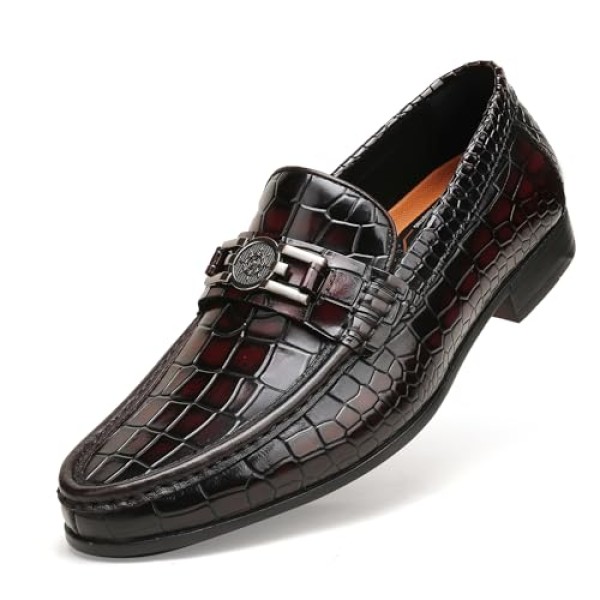 Mens Genuine Dress Shoes, Premium Crocodile Print Leather Slip-on Casual Shoes Penny Loafers for Mens, Black