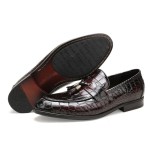 Mens Leather Tassel Shoes, Classic Formal Crocodile Printed Tassel Business Dress Shoes Party Loafers for Men
