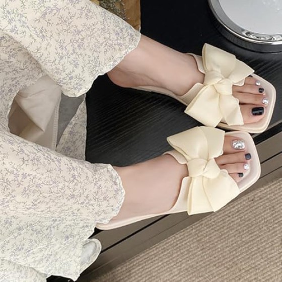 Women's Flip-Flops Bow Knot Slides Open Toe Flat Sandals Summer Slip On Slippers